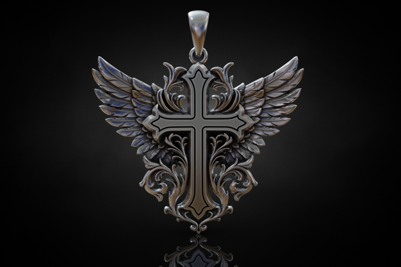 Ornate Angel Wing Cross Pendant — view 5