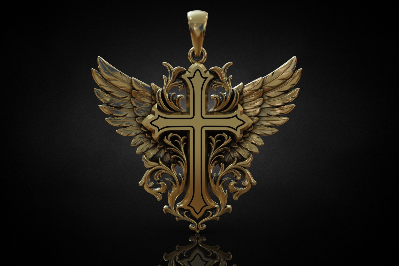 Ornate Angel Wing Cross Pendant — view 3