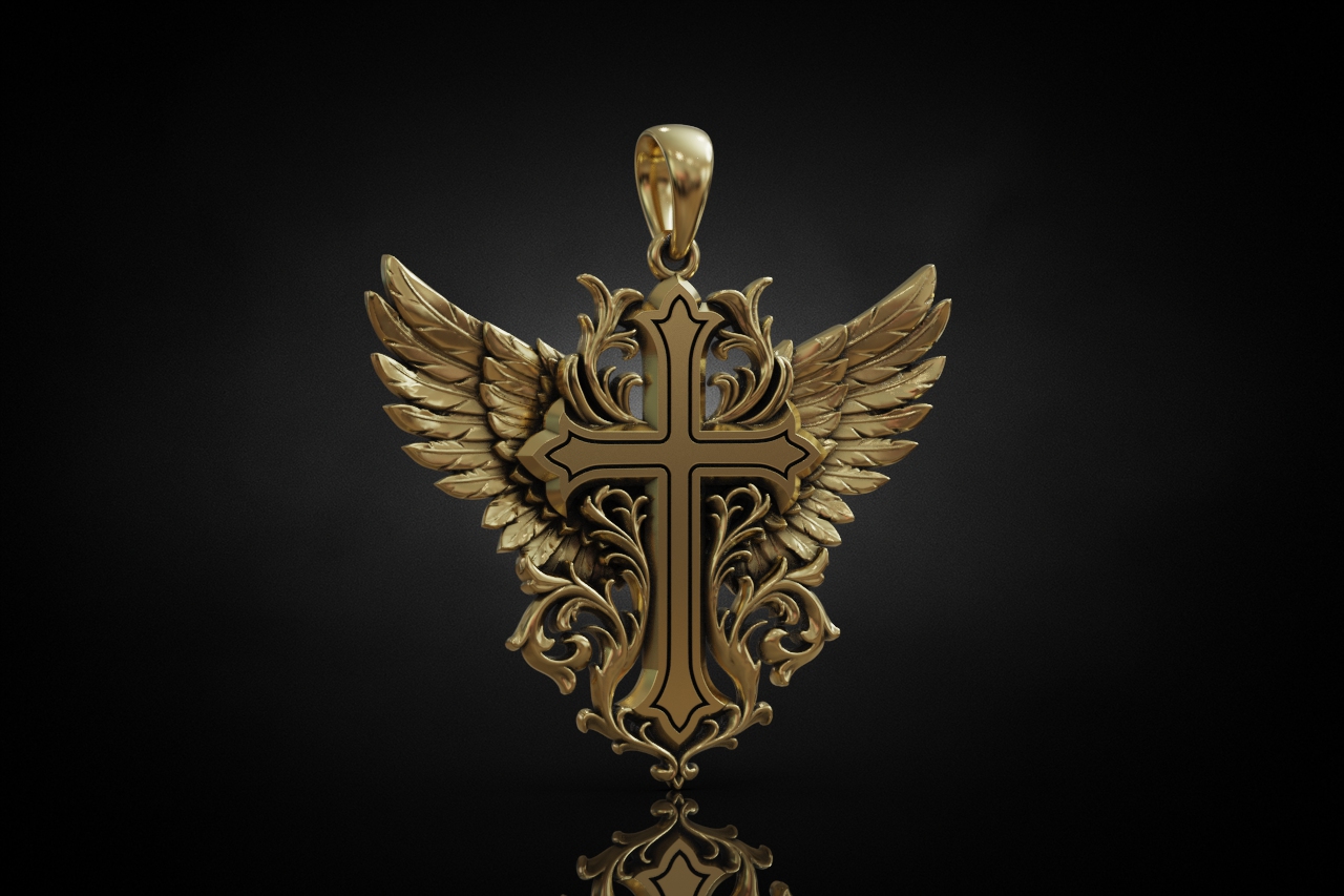 Ornate Angel Wing Cross Pendant — view 2