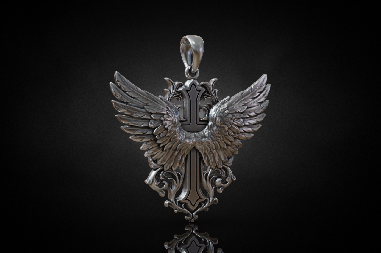Ornate Angel Wing Cross Pendant — view 4