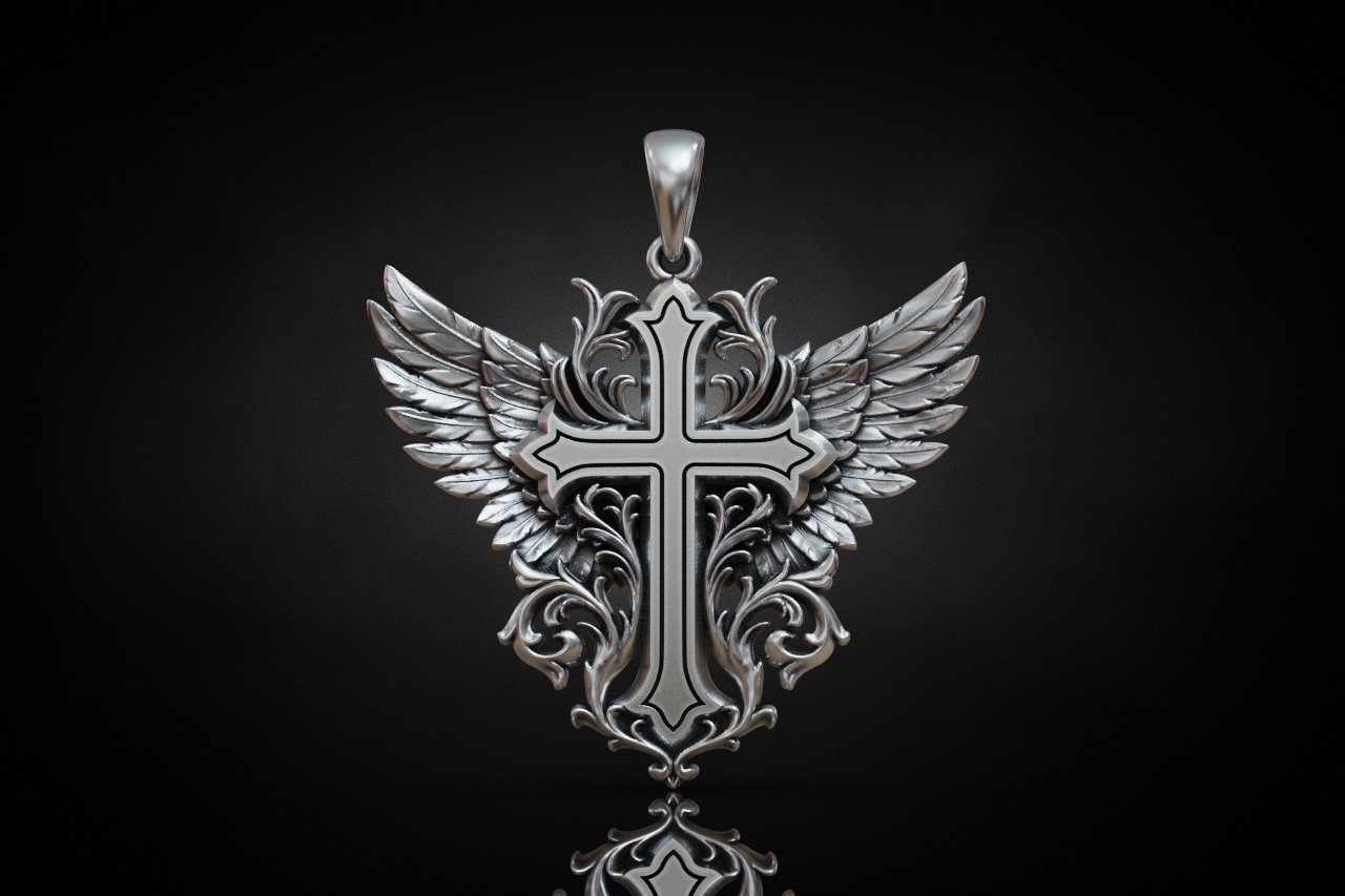 Ornate Angel Wing Cross Pendant