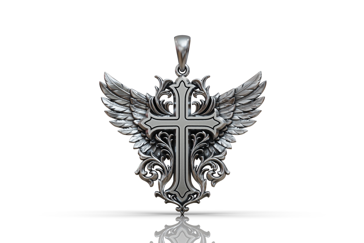 Ornate Angel Wing Cross Pendant — view 6