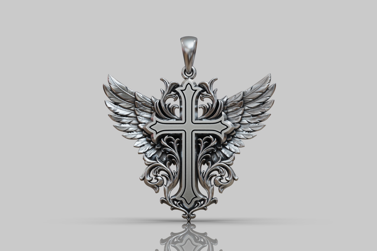 Ornate Angel Wing Cross Pendant — view 7