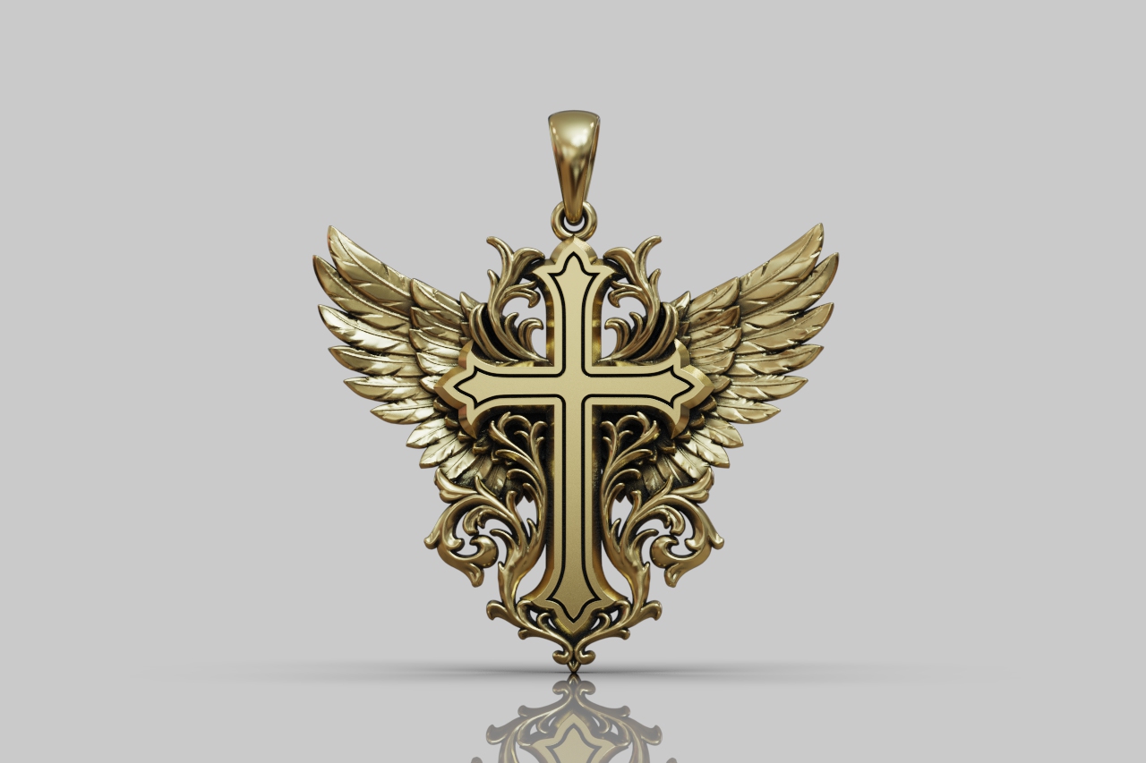 Ornate Angel Wing Cross Pendant — view 8