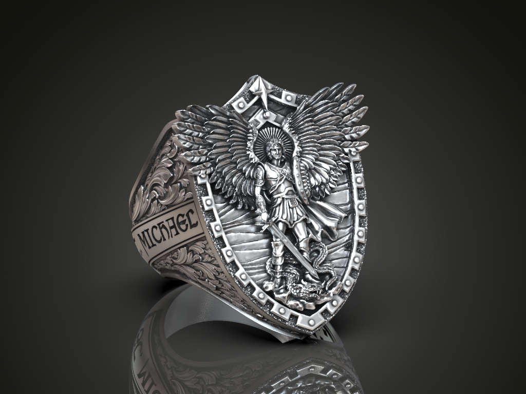 Ornate Archangel Michael Guardian Shield Ring — view 2