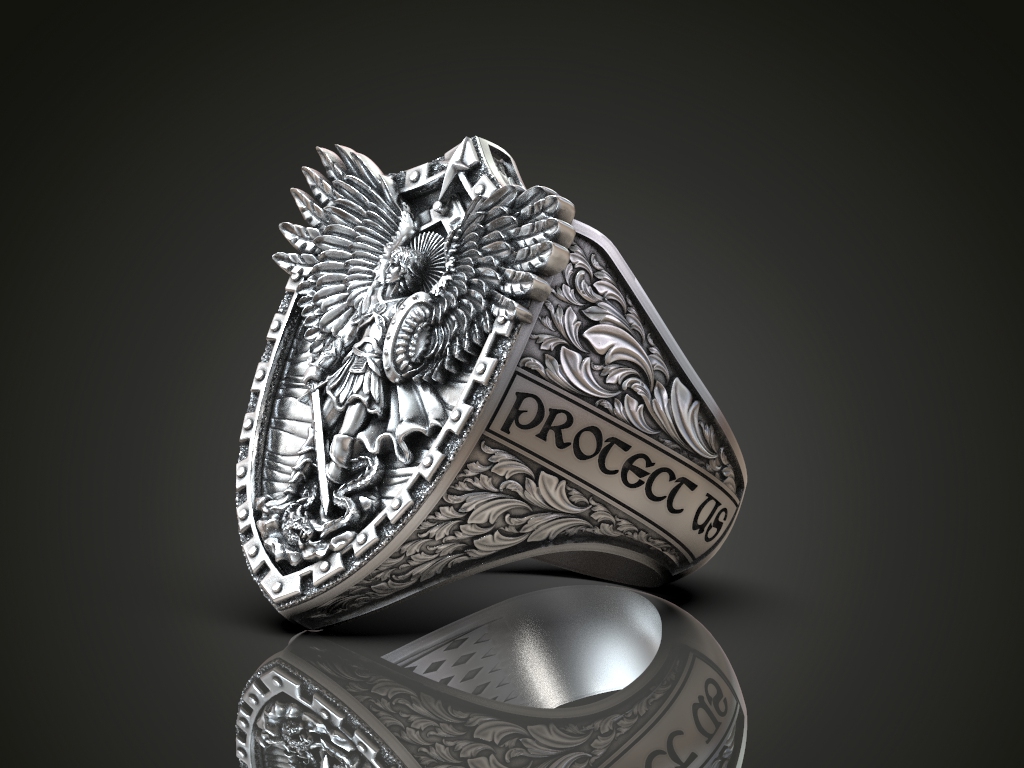 Ornate Archangel Michael Guardian Shield Ring — view 3