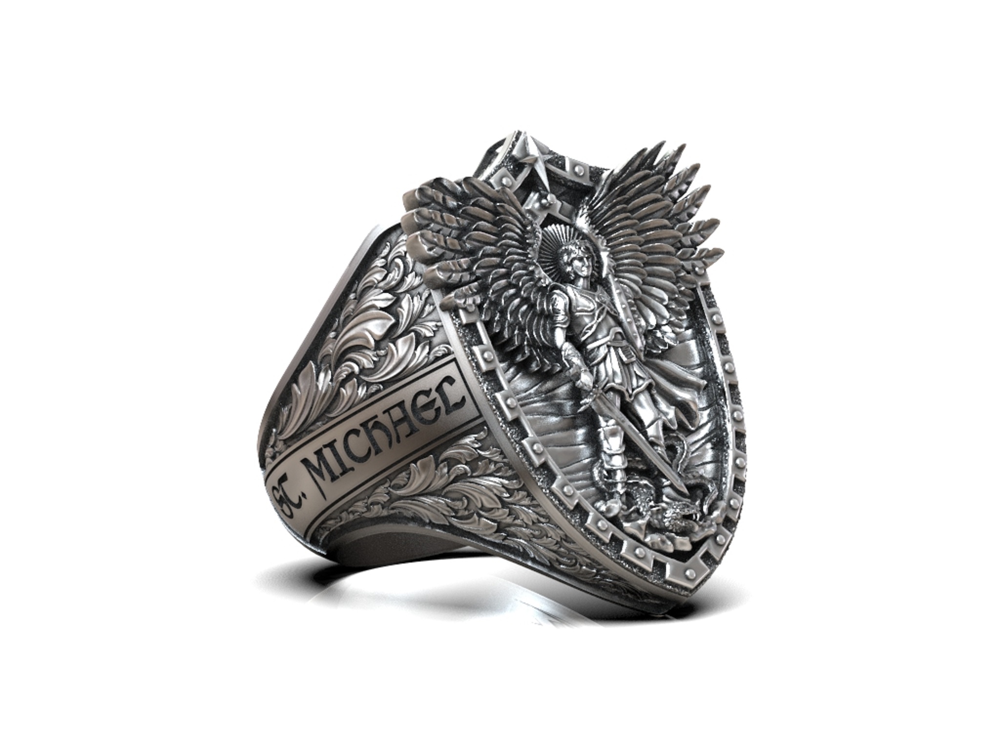 Ornate Archangel Michael Guardian Shield Ring — view 7