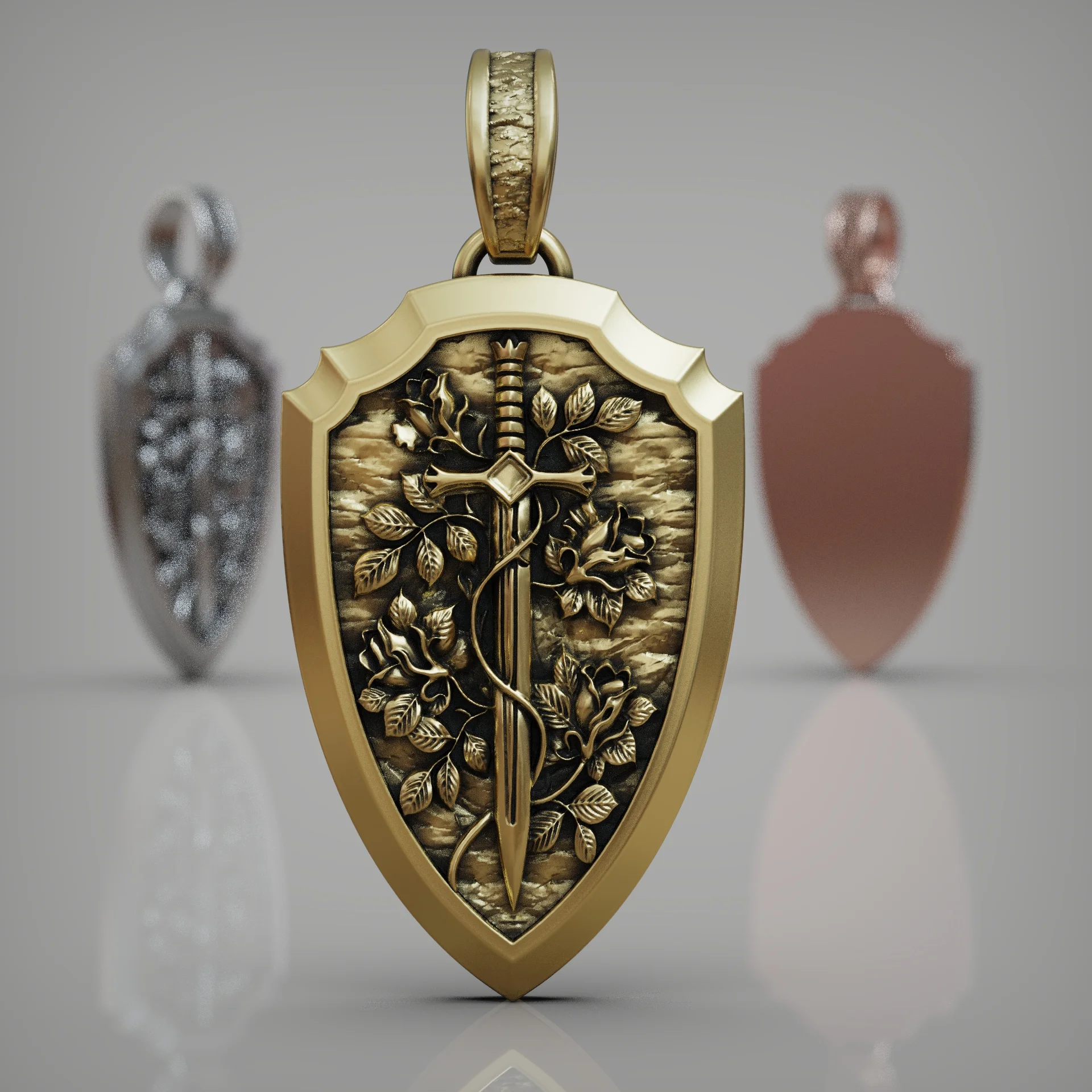 Romantic Sword Rose Shield Pendant — view 5