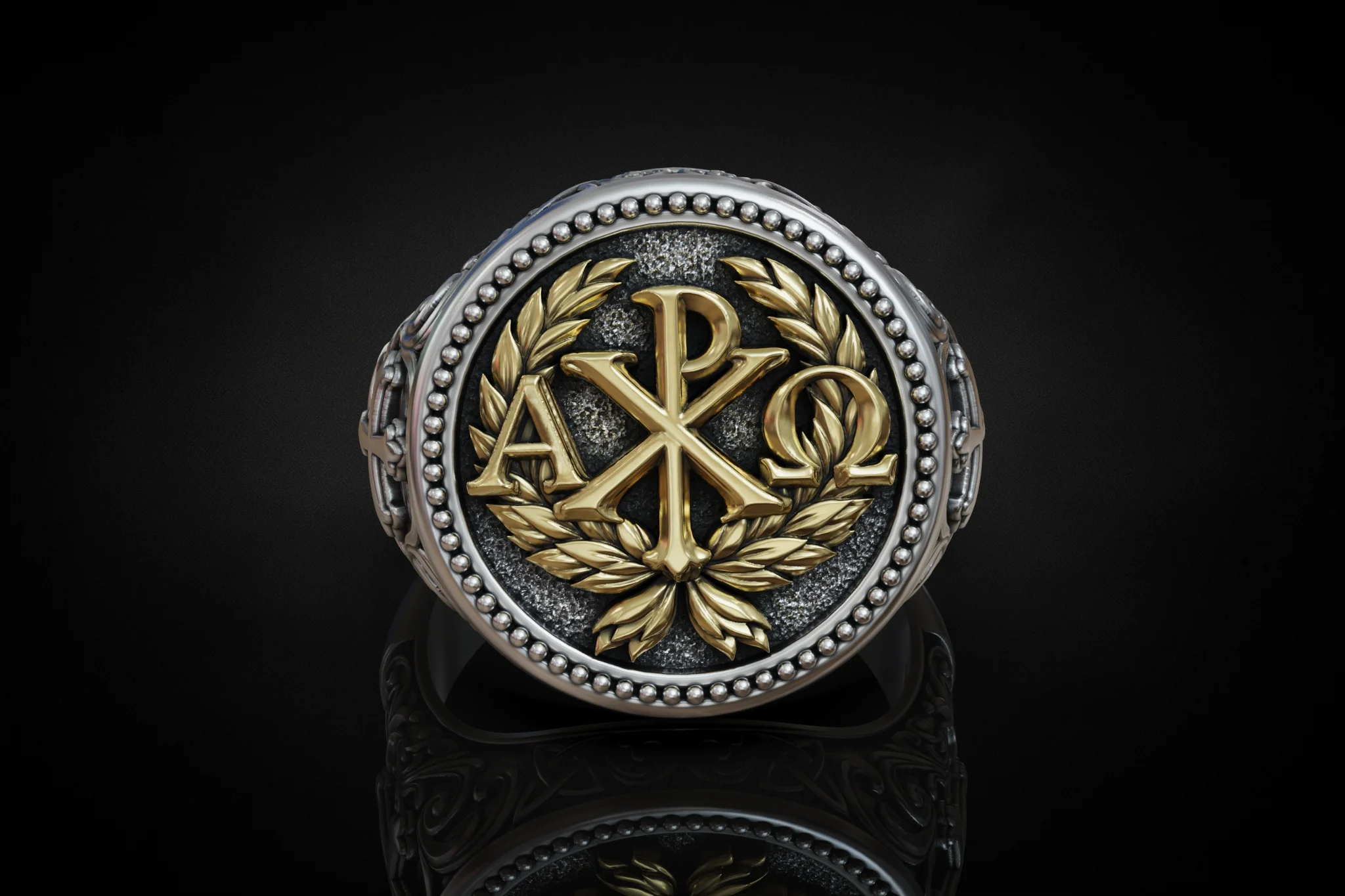 Christian Chi-Rho Alpha Omega Signet Ring — view 3
