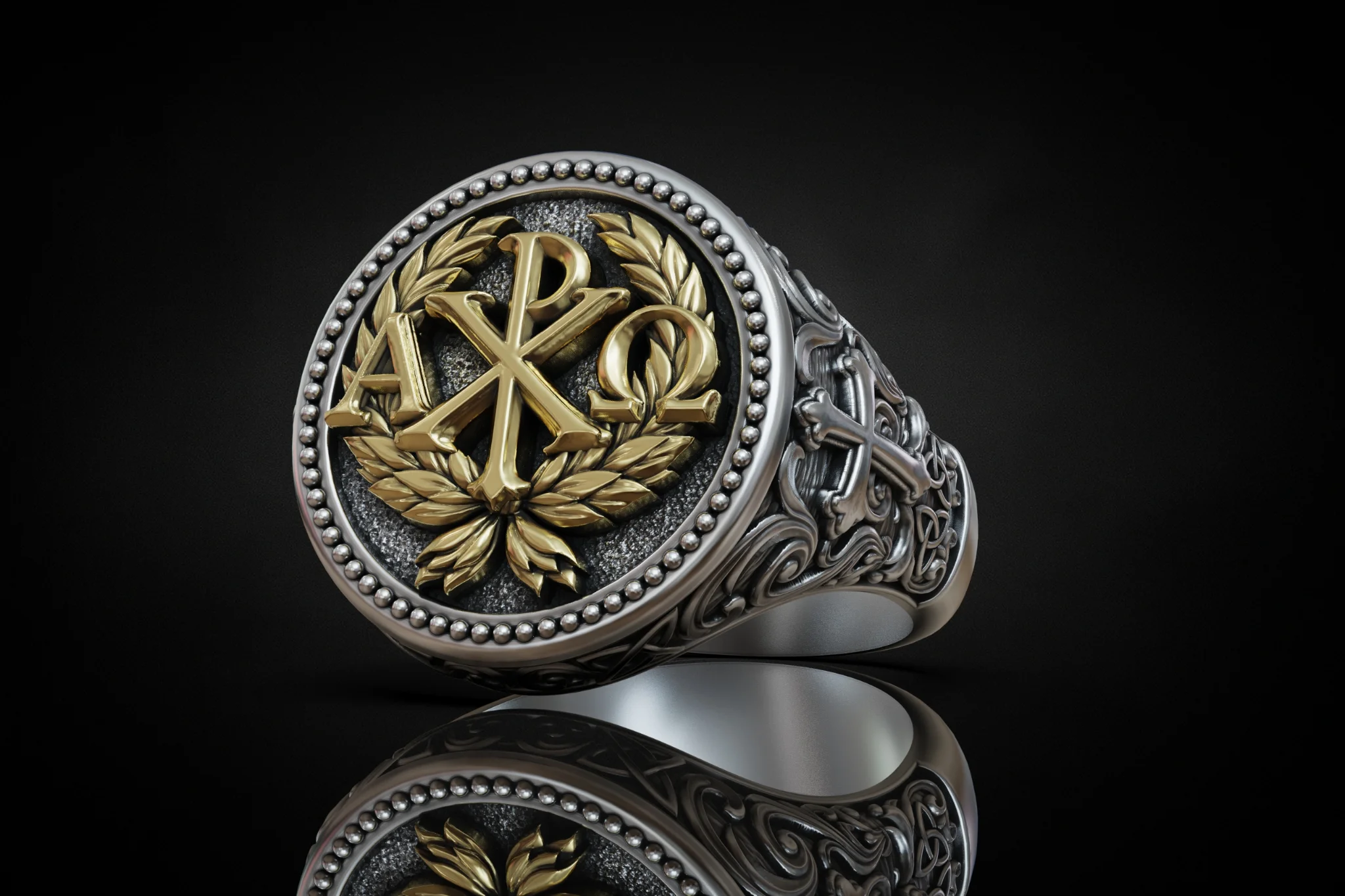 Christian Chi-Rho Alpha Omega Signet Ring — view 2