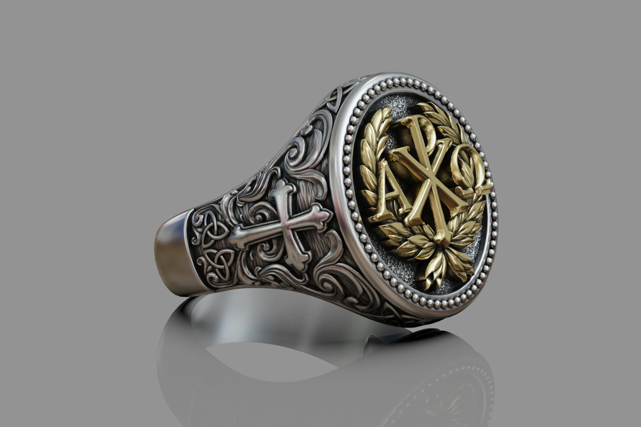 Christian Chi-Rho Alpha Omega Signet Ring — view 5
