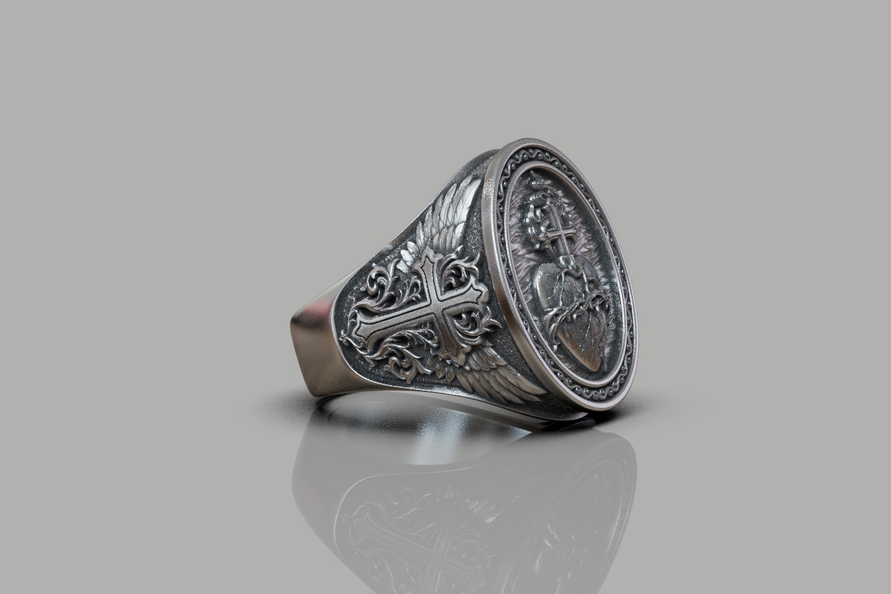 Sacred Heart Winged Signet Ring — view 6