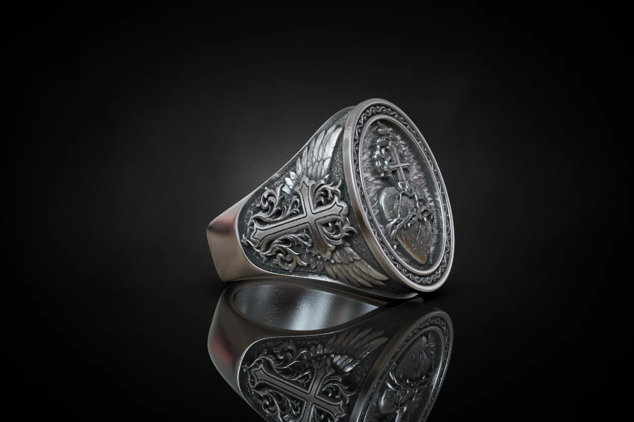 Sacred Heart Winged Signet Ring — view 3