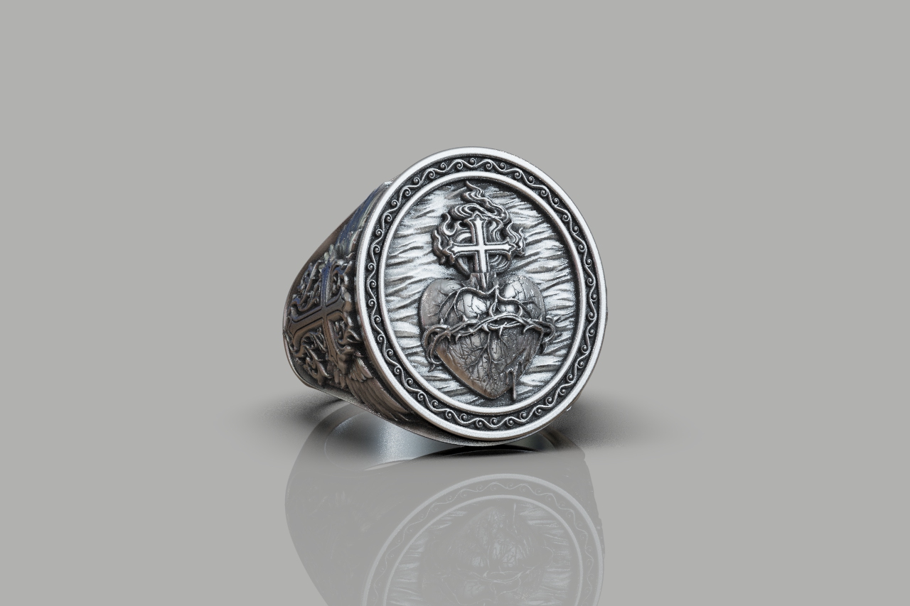 Sacred Heart Winged Signet Ring — view 7