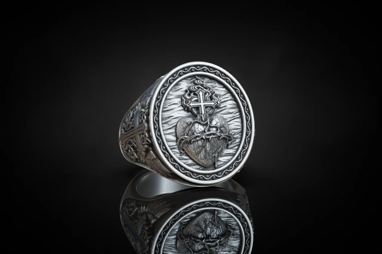 Sacred Heart Winged Signet Ring