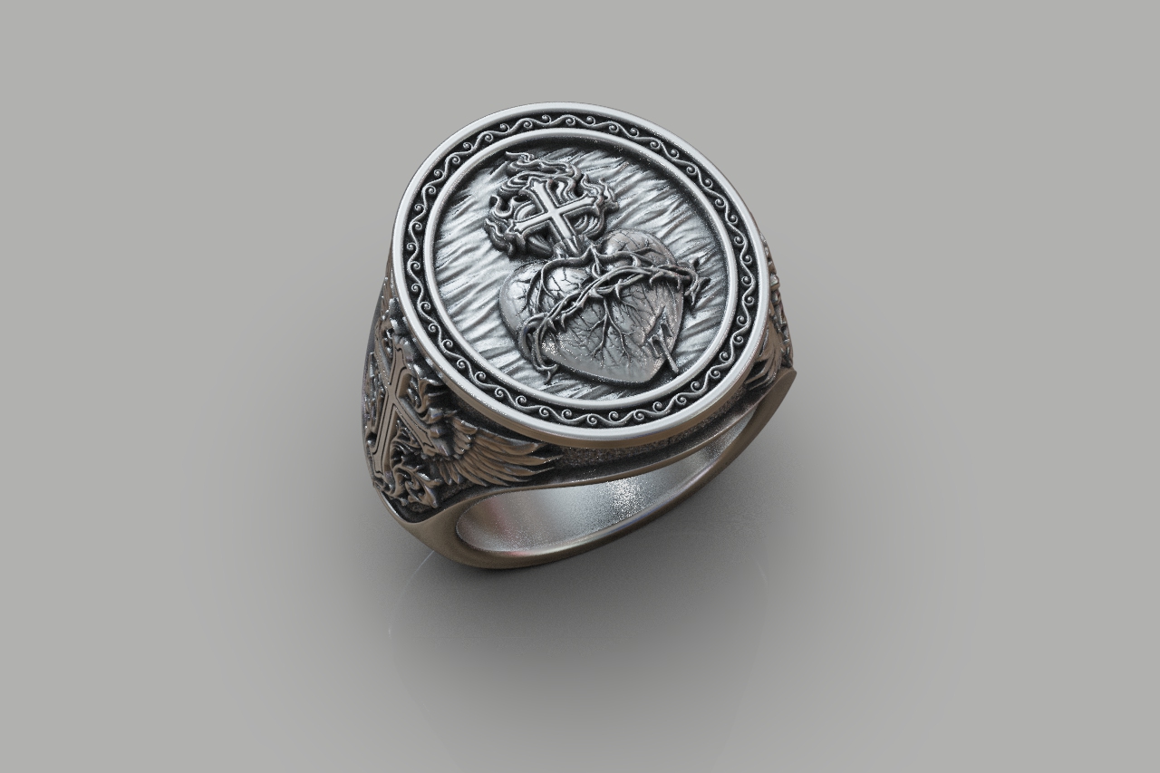 Sacred Heart Winged Signet Ring — view 5