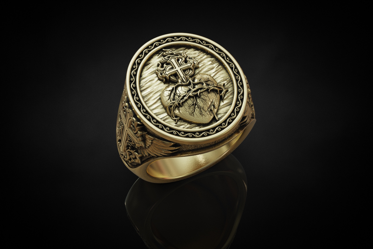 Sacred Heart Winged Signet Ring — view 4