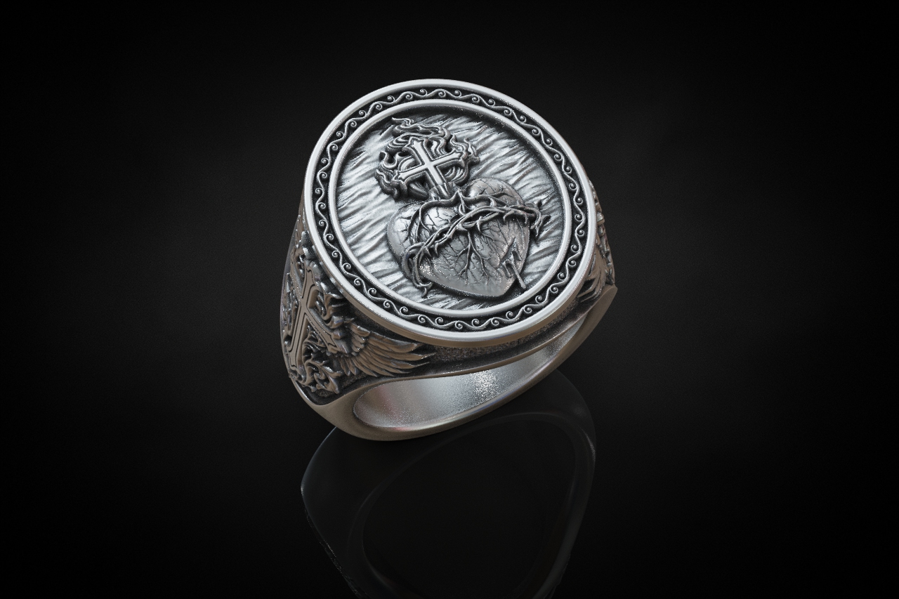 Sacred Heart Winged Signet Ring — view 2