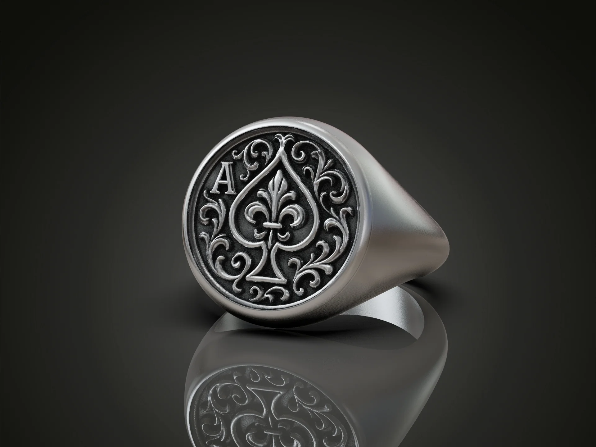 Ornate Ace of Spades Signet Ring — view 2